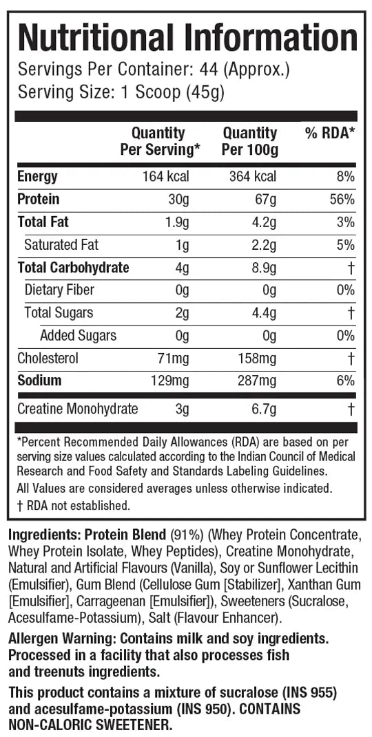Muscletech Nitrotech Whey Protein Vanilla Cream Nutritional Facts