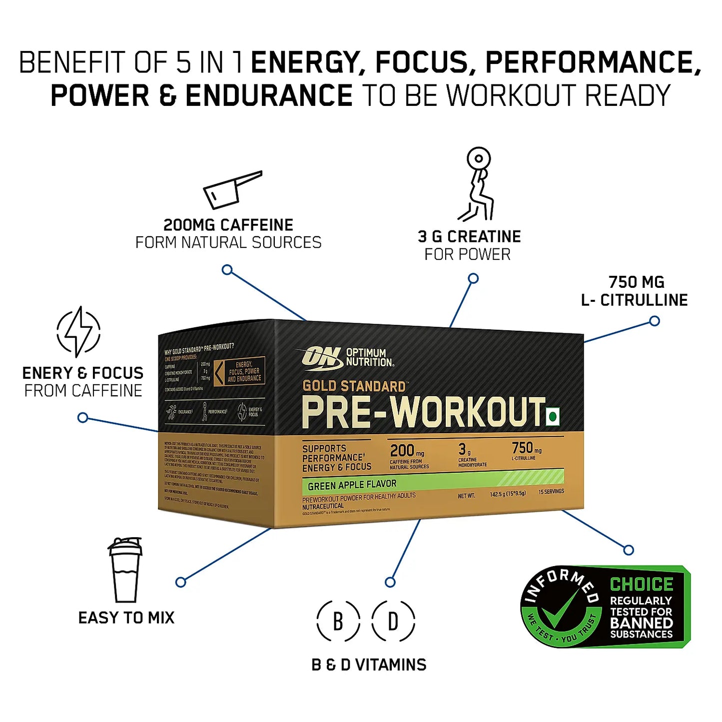 Optimum Nutrition (ON) Gold Standard Pre-Workout- 142.5g/15 single serve packs , For Energy, Focus, Power, Endurance & Performance