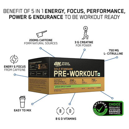 Optimum Nutrition (ON) Gold Standard Pre-Workout- 142.5g/15 single serve packs , For Energy, Focus, Power, Endurance & Performance