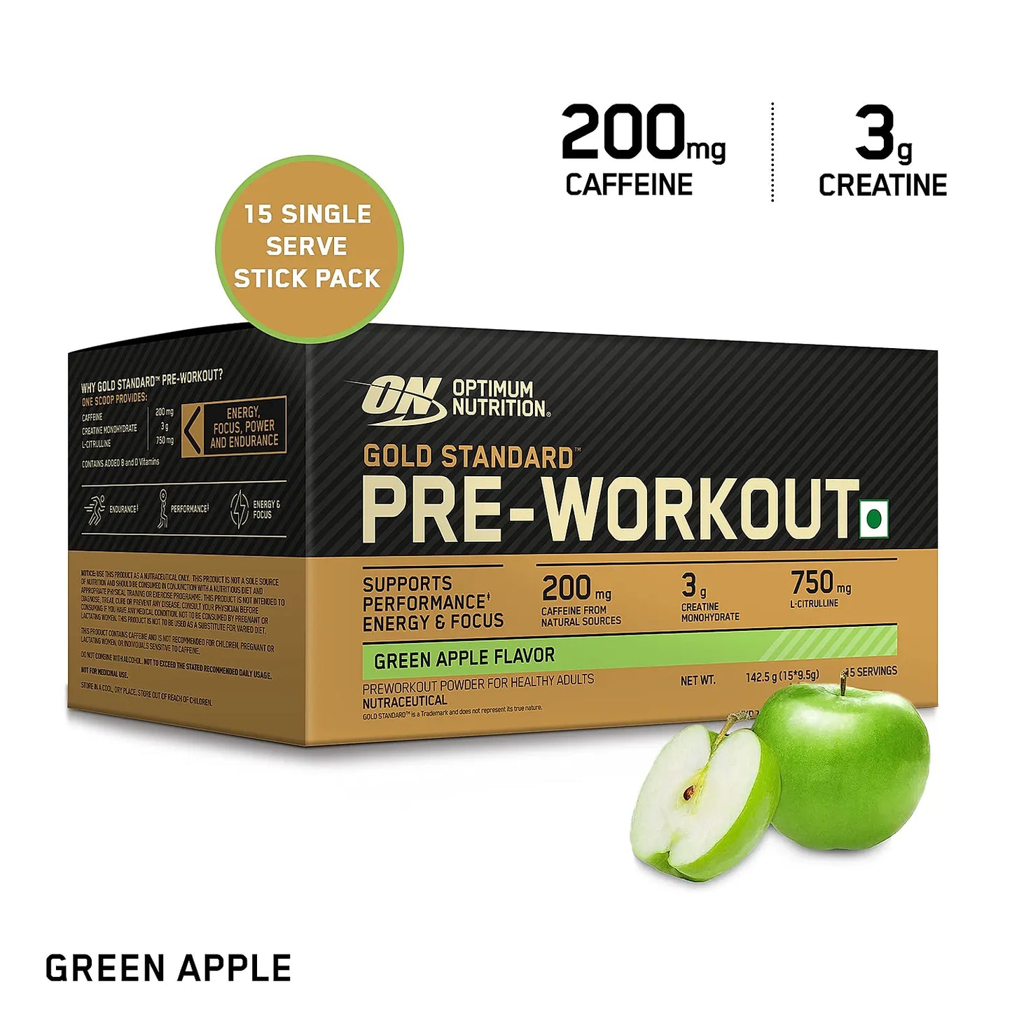 Optimum Nutrition (ON) Gold Standard Pre-Workout- 142.5g/15 single serve packs , For Energy, Focus, Power, Endurance & Performance