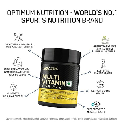 Optimum Nutrition (ON) Multivitamin for MEN– 60 Tablets, 26 Vitamins & Minerals, Amino Acids & Anti-Oxidants (Green Tea Extract, Beta Carotene, Lutein, Lycopene).