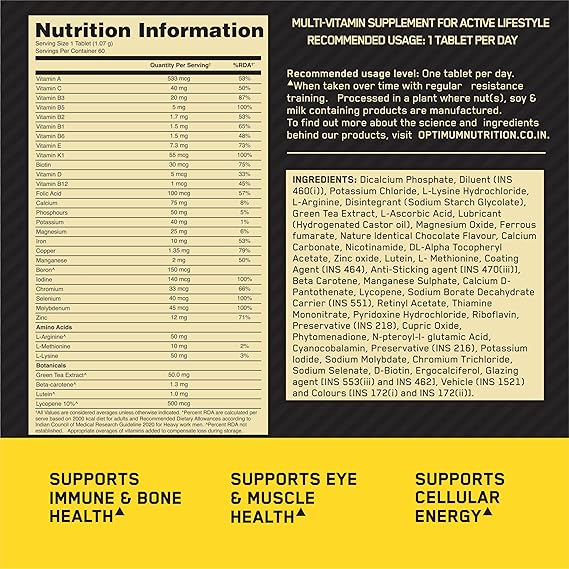 Optimum Nutrition (ON) Multivitamin for MEN– 60 Tablets, 26 Vitamins & Minerals, Amino Acids & Anti-Oxidants (Green Tea Extract, Beta Carotene, Lutein, Lycopene).