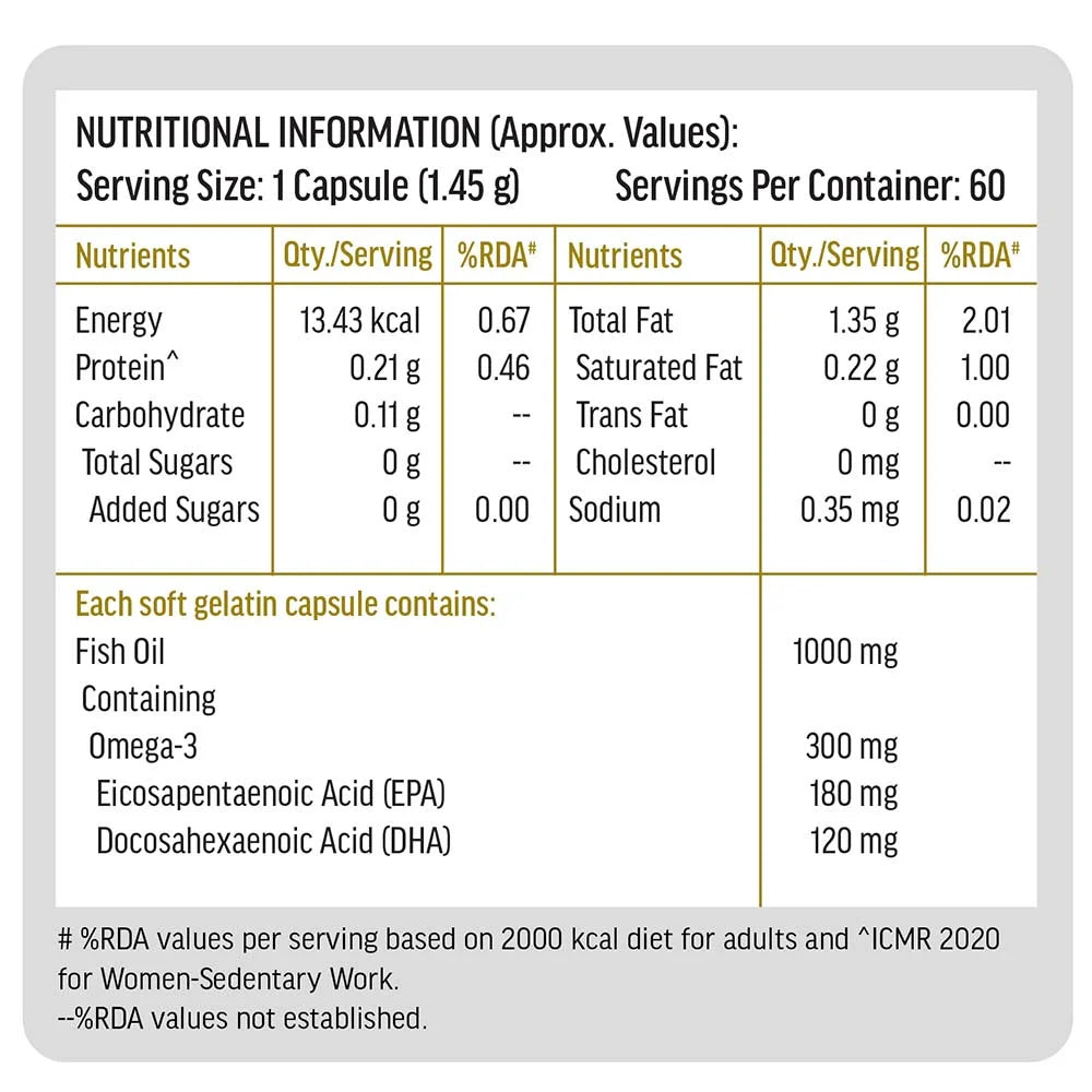 HealthKart HK Vitals Omega 3 1000mg with 180mg EPA and 120mg DHA, 60 capsules